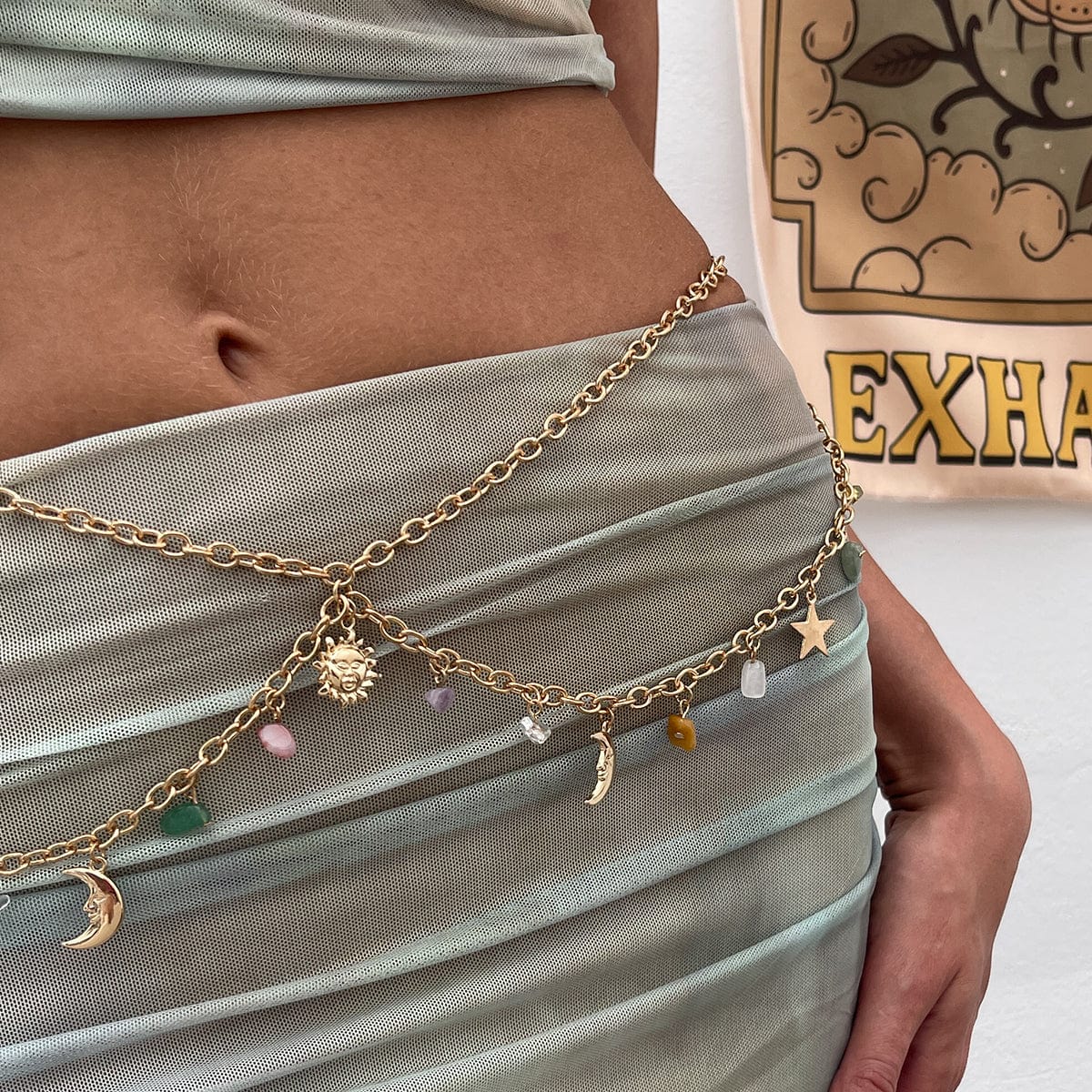 Boho Layered Sun Moon Star Crystal Stone Tassel Waist Chain - ArtGalleryZen