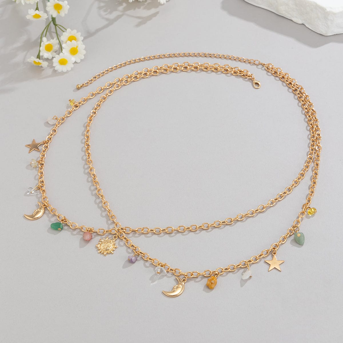 Boho Layered Sun Moon Star Crystal Stone Tassel Waist Chain - ArtGalleryZen