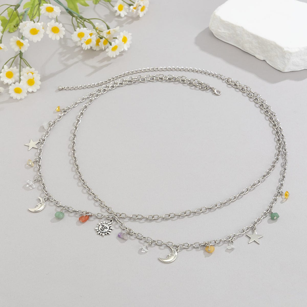 Boho Layered Sun Moon Star Crystal Stone Tassel Waist Chain - ArtGalleryZen
