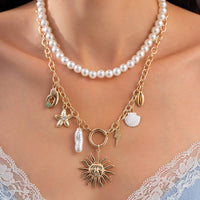 Thumbnail for Boho Layered Sun Starfish Lighting Pendant Pearl Chain Necklace Set - ArtGalleryZen
