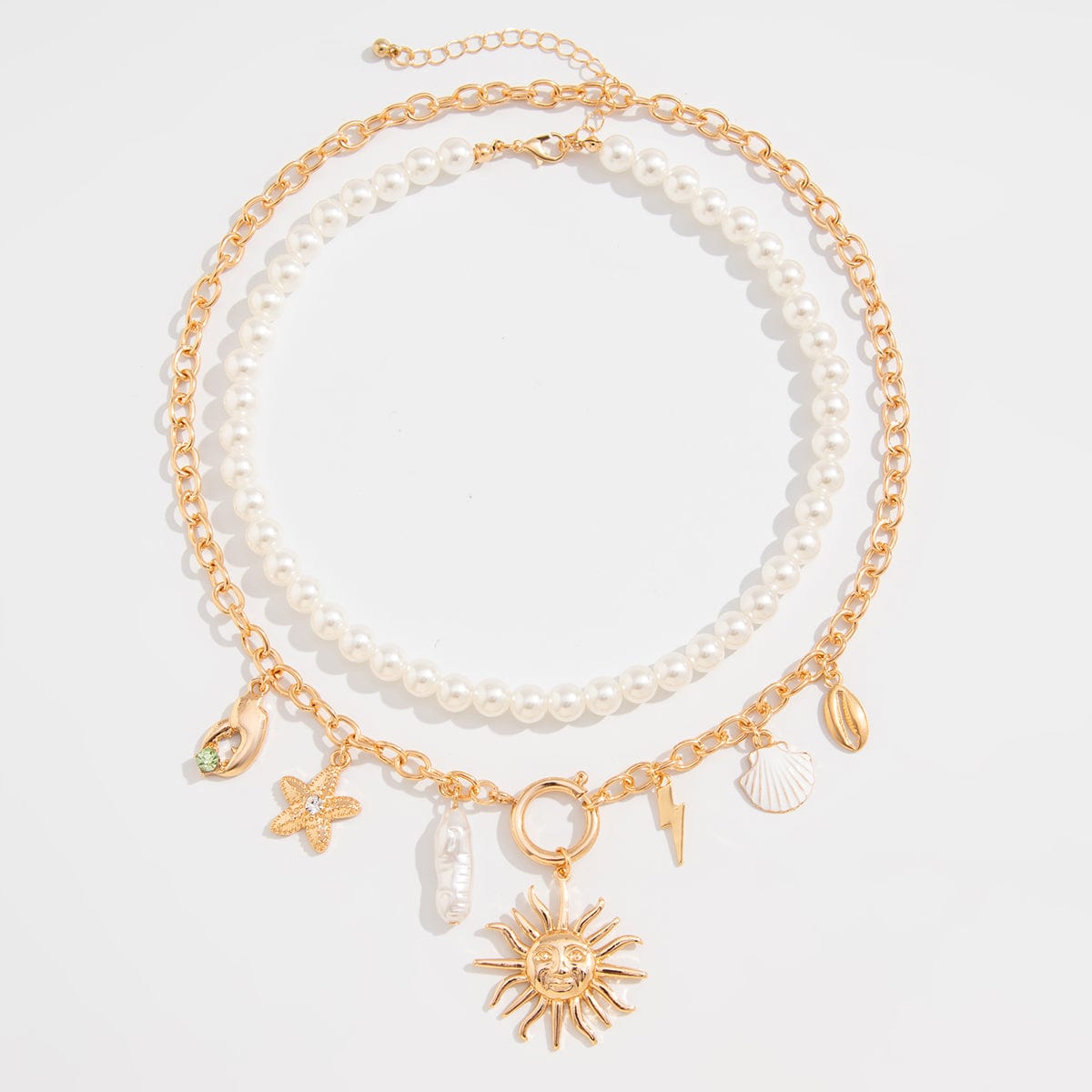 Boho Layered Sun Starfish Lighting Pendant Pearl Chain Necklace Set - ArtGalleryZen