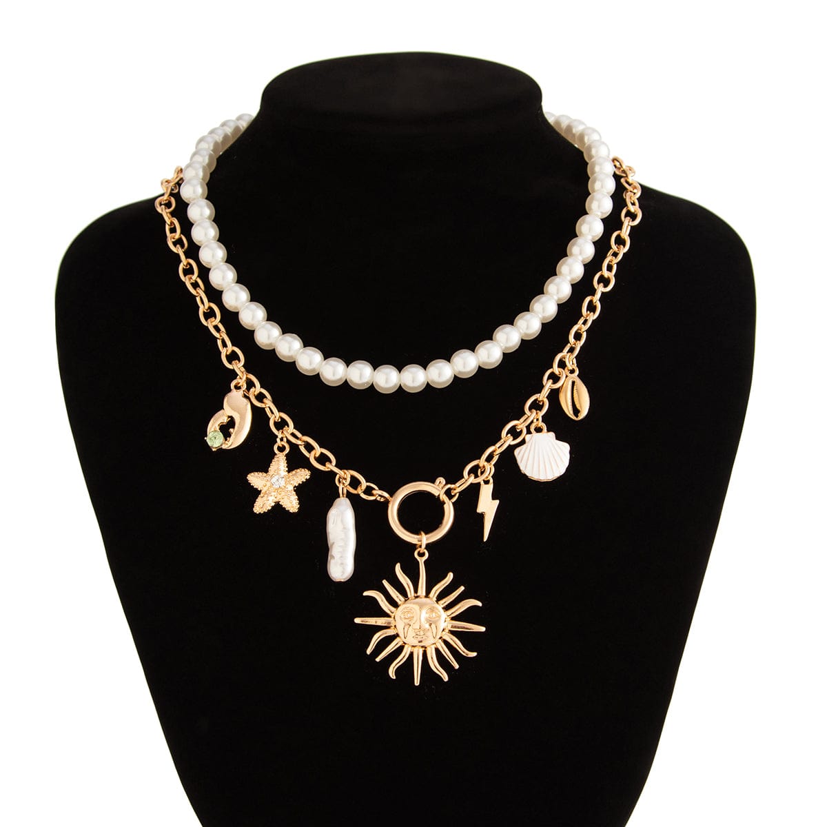 Boho Layered Sun Starfish Lighting Pendant Pearl Chain Necklace Set - ArtGalleryZen