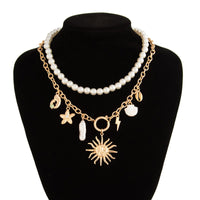 Thumbnail for Boho Layered Sun Starfish Lighting Pendant Pearl Chain Necklace Set - ArtGalleryZen