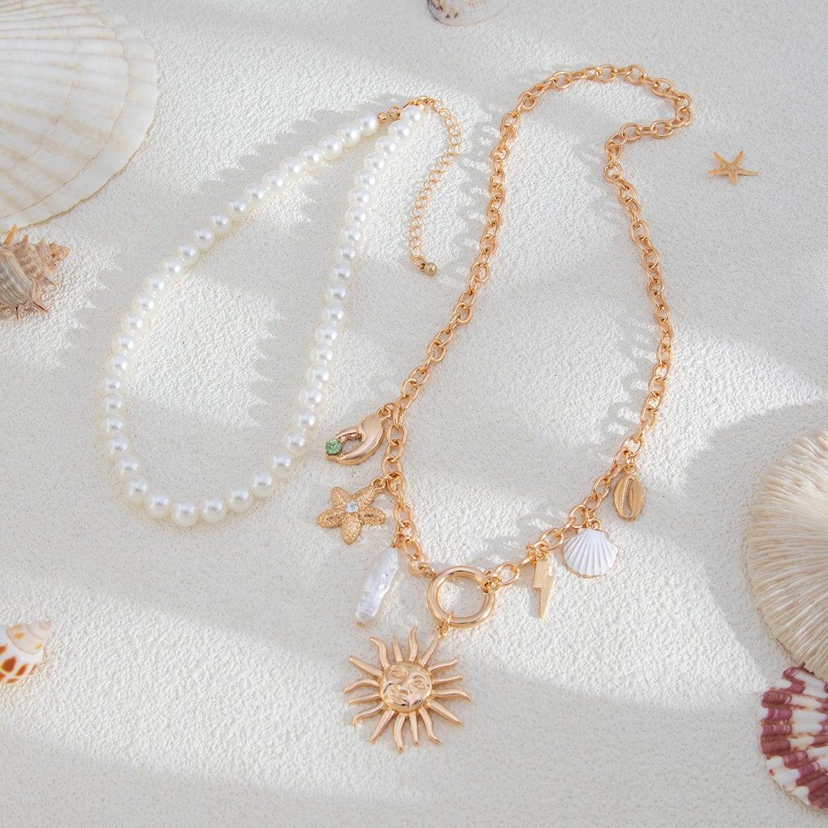 Boho Layered Sun Starfish Lighting Pendant Pearl Chain Necklace Set - ArtGalleryZen