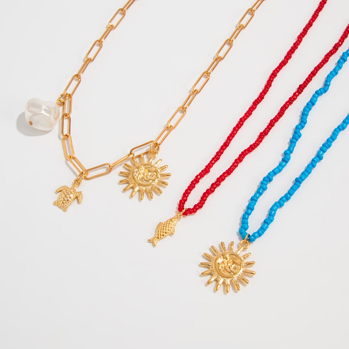 Boho Layered Sun Turtle Pearl Pendant Seed Beaded Necklace Set - ArtGalleryZen