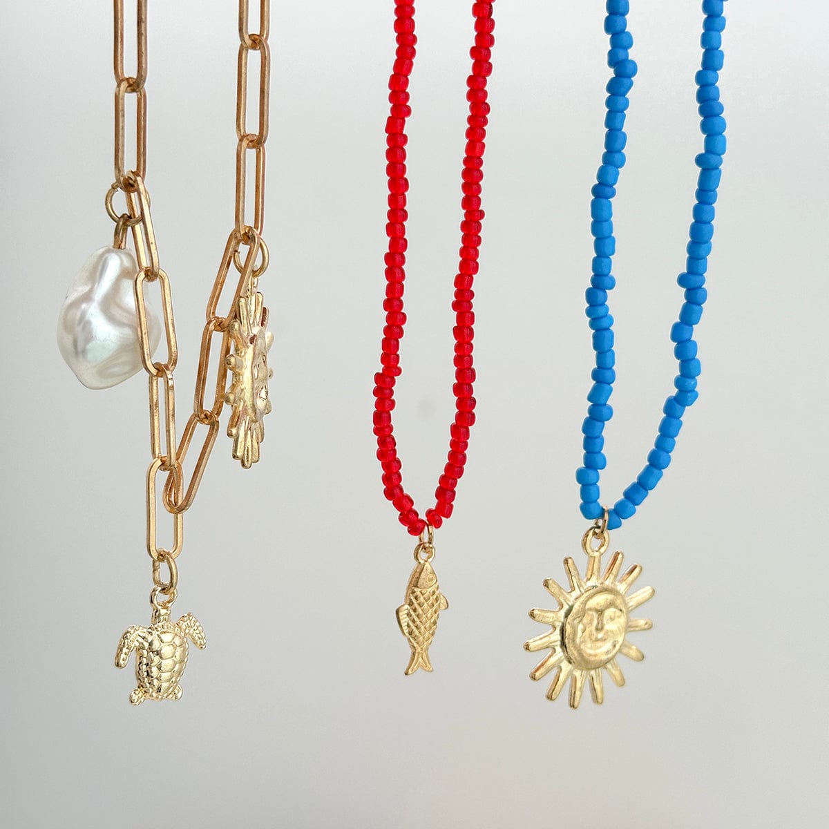 Boho Layered Sun Turtle Pearl Pendant Seed Beaded Necklace Set - ArtGalleryZen