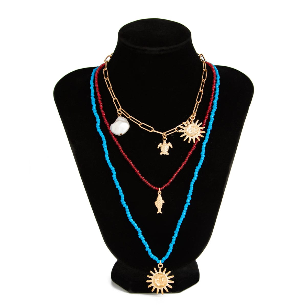 Boho Layered Sun Turtle Pearl Pendant Seed Beaded Necklace Set - ArtGalleryZen