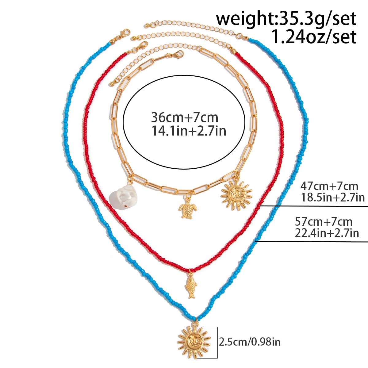 Boho Layered Sun Turtle Pearl Pendant Seed Beaded Necklace Set - ArtGalleryZen