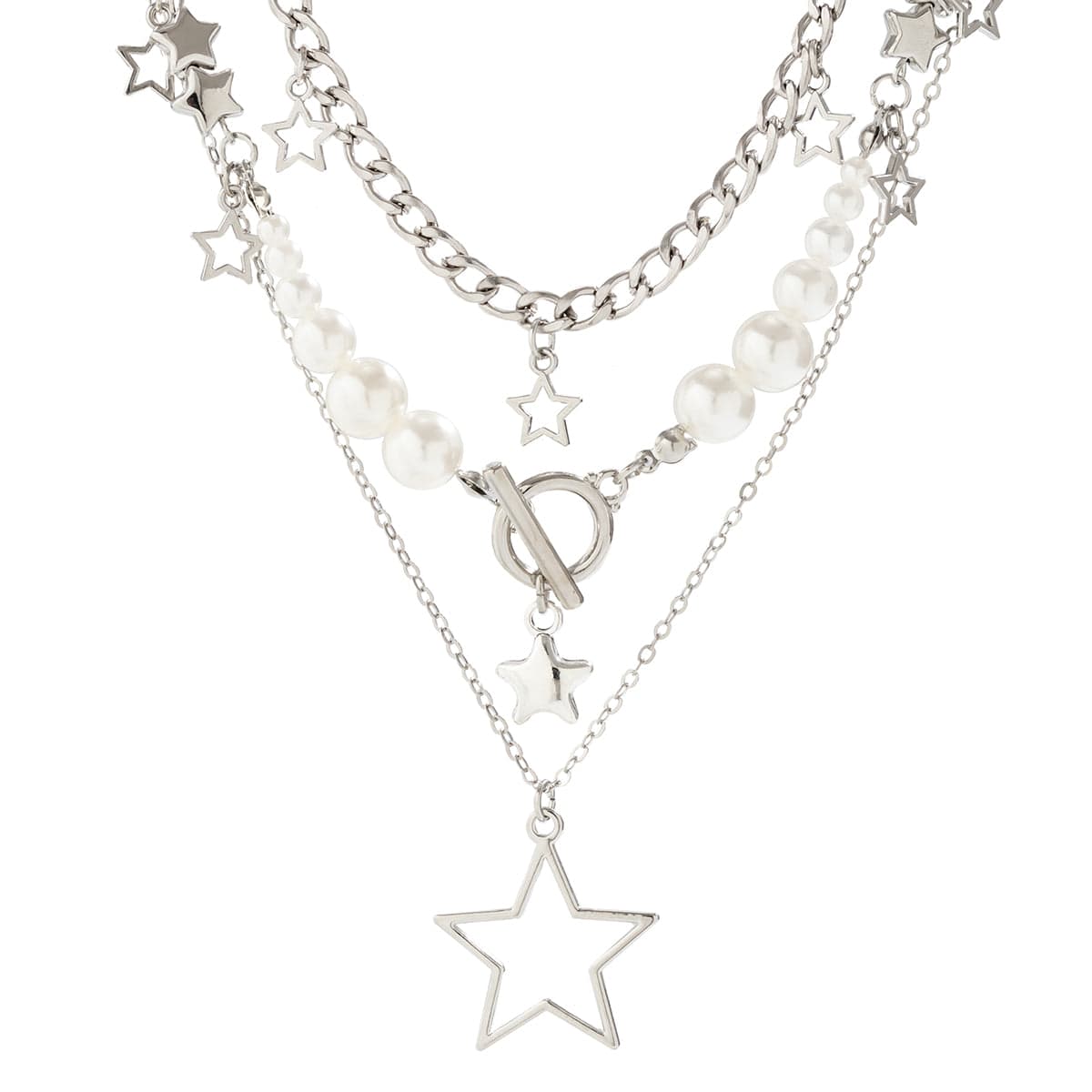 Boho Layered Star Pendant Pearl Chain Tassel Necklace Set - ArtGalleryZen