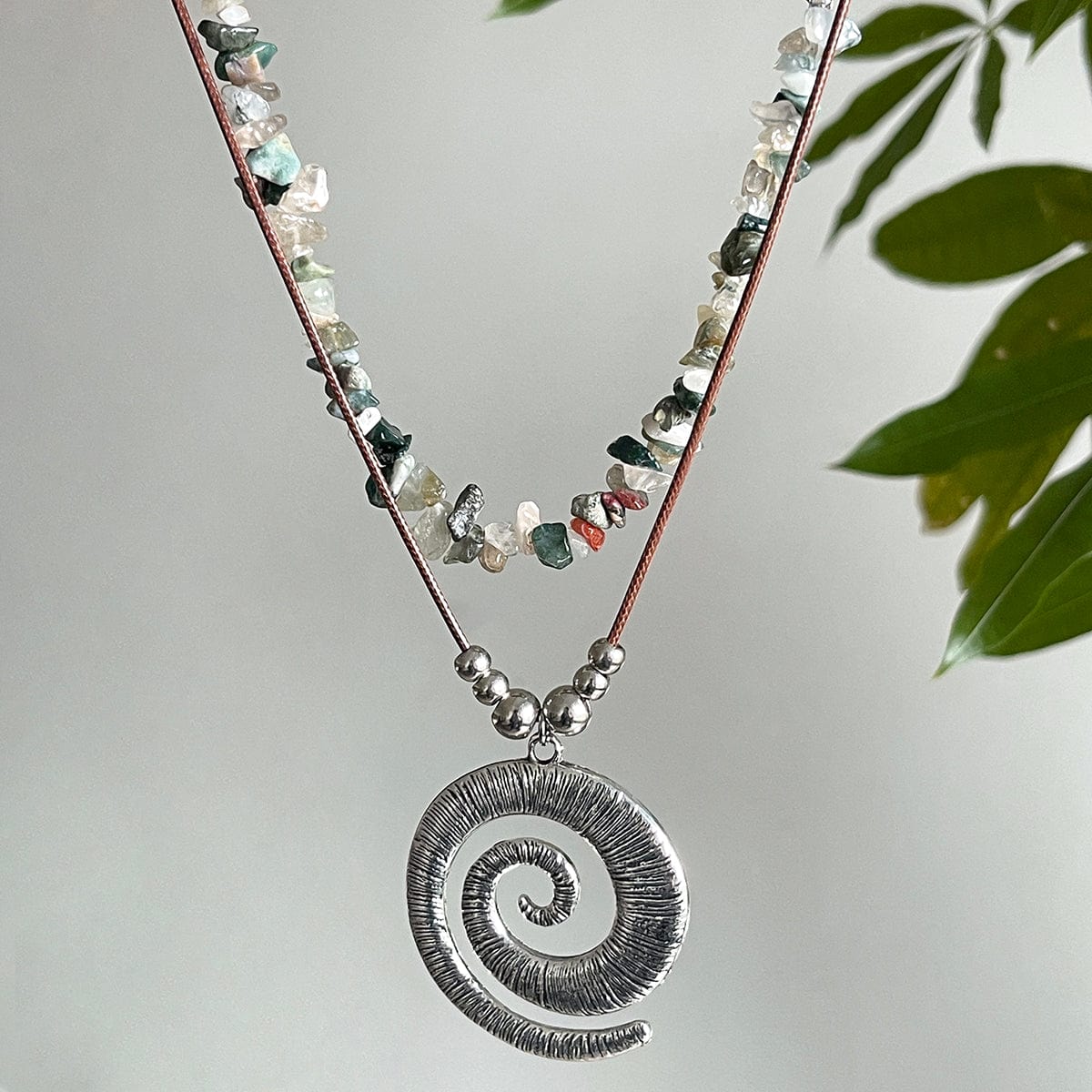 Boho Layered Textured Spiral Pendant Turquoise Stone Chain Velvet Necklace Set - ArtGalleryZen
