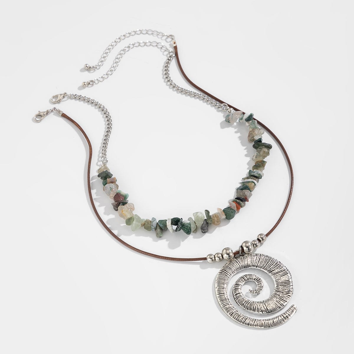 Boho Layered Textured Spiral Pendant Turquoise Stone Chain Velvet Necklace Set - ArtGalleryZen