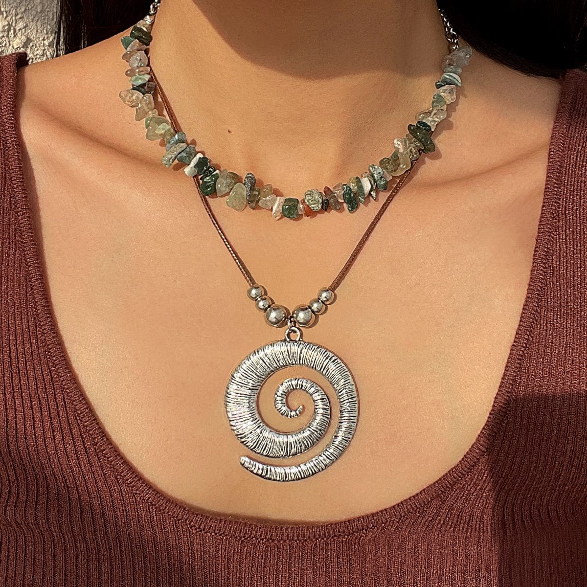 Boho Layered Textured Spiral Pendant Turquoise Stone Chain Velvet Necklace Set - ArtGalleryZen
