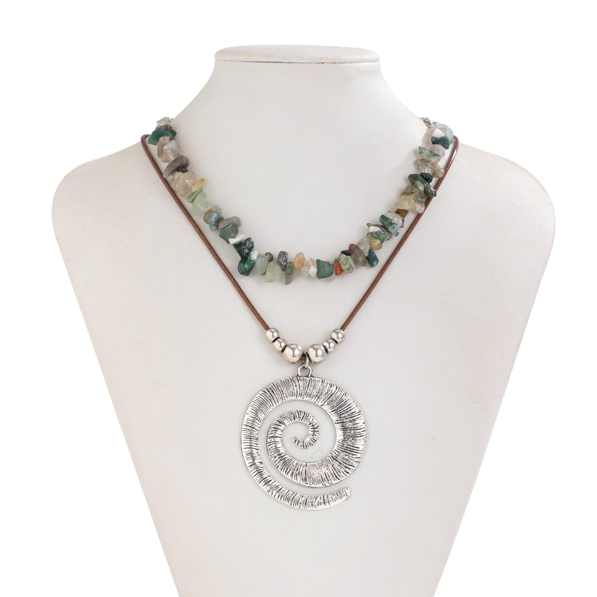 Boho Layered Textured Spiral Pendant Turquoise Stone Chain Velvet Necklace Set - ArtGalleryZen