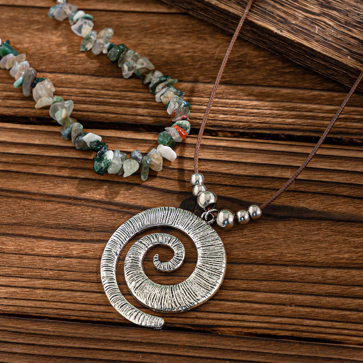 Boho Layered Textured Spiral Pendant Turquoise Stone Chain Velvet Necklace Set - ArtGalleryZen