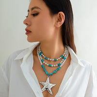 Thumbnail for Boho Layered Textured Star Pendant Turquoise Pearl Chain Necklace - ArtGalleryZen