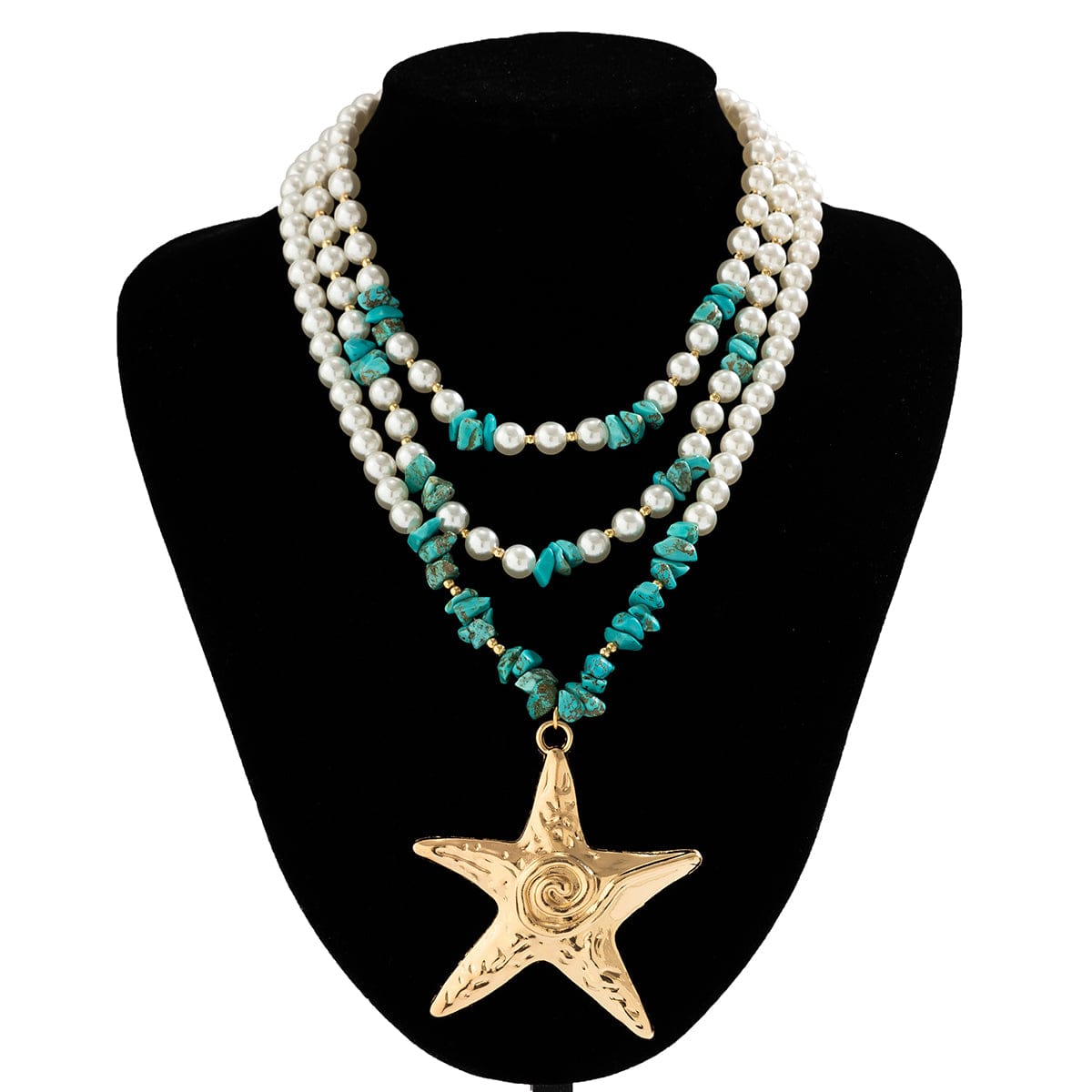 Boho Layered Textured Star Pendant Turquoise Pearl Chain Necklace - ArtGalleryZen