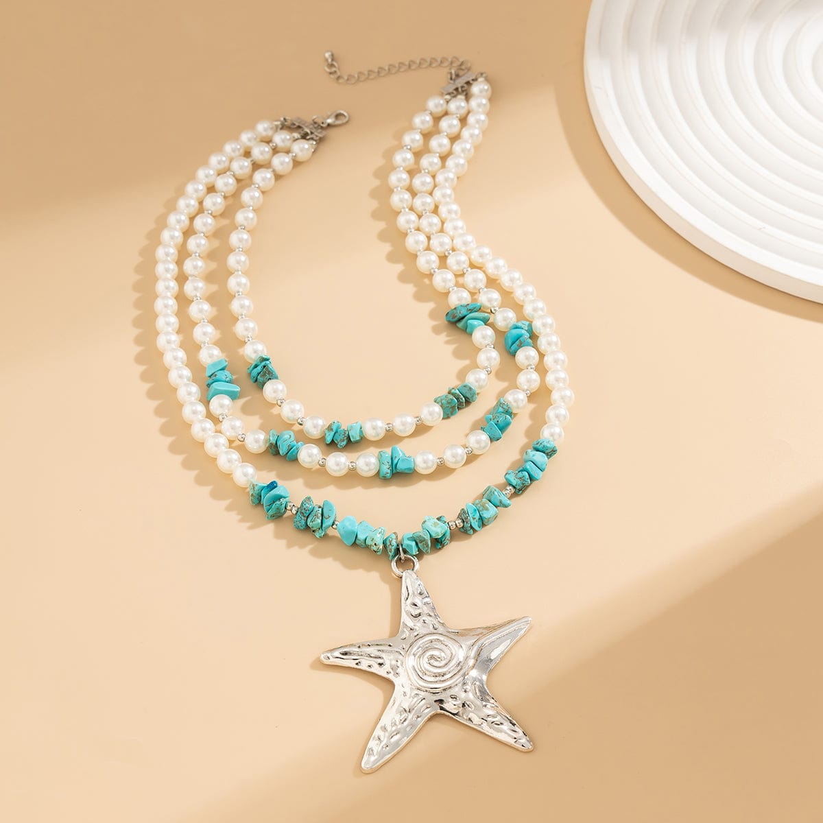 Boho Layered Textured Star Pendant Turquoise Pearl Chain Necklace - ArtGalleryZen