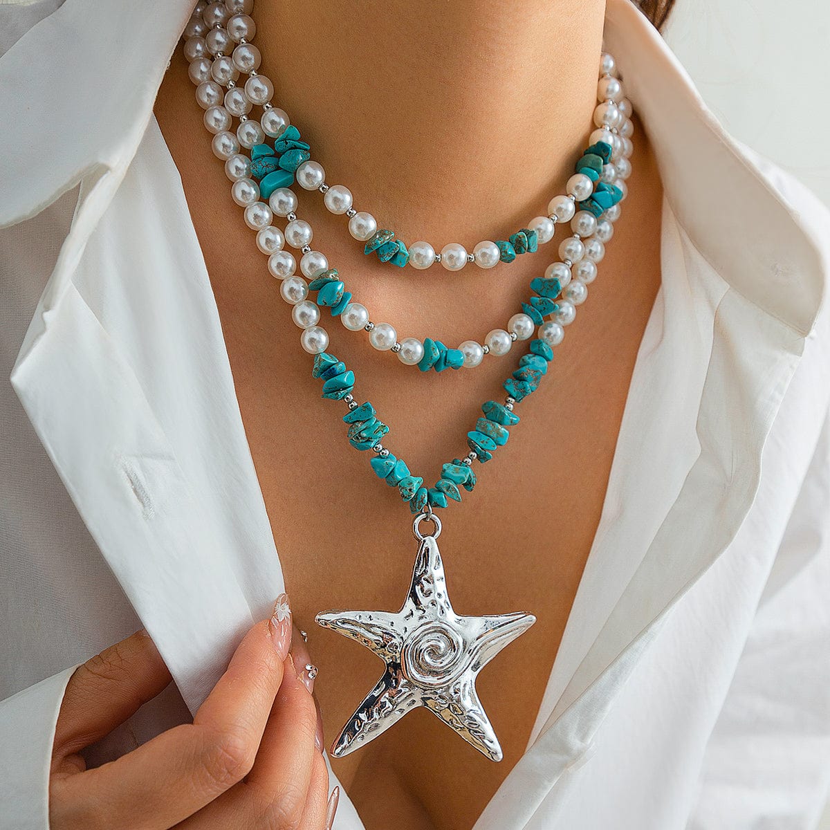 Boho Layered Textured Star Pendant Turquoise Pearl Chain Necklace