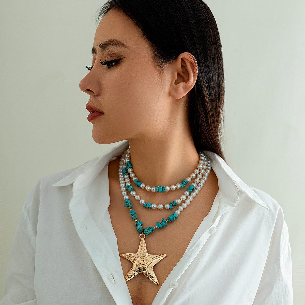 Boho Layered Textured Star Pendant Turquoise Pearl Chain Necklace