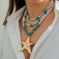 Thumbnail for Boho Layered Textured Star Pendant Turquoise Pearl Chain Necklace