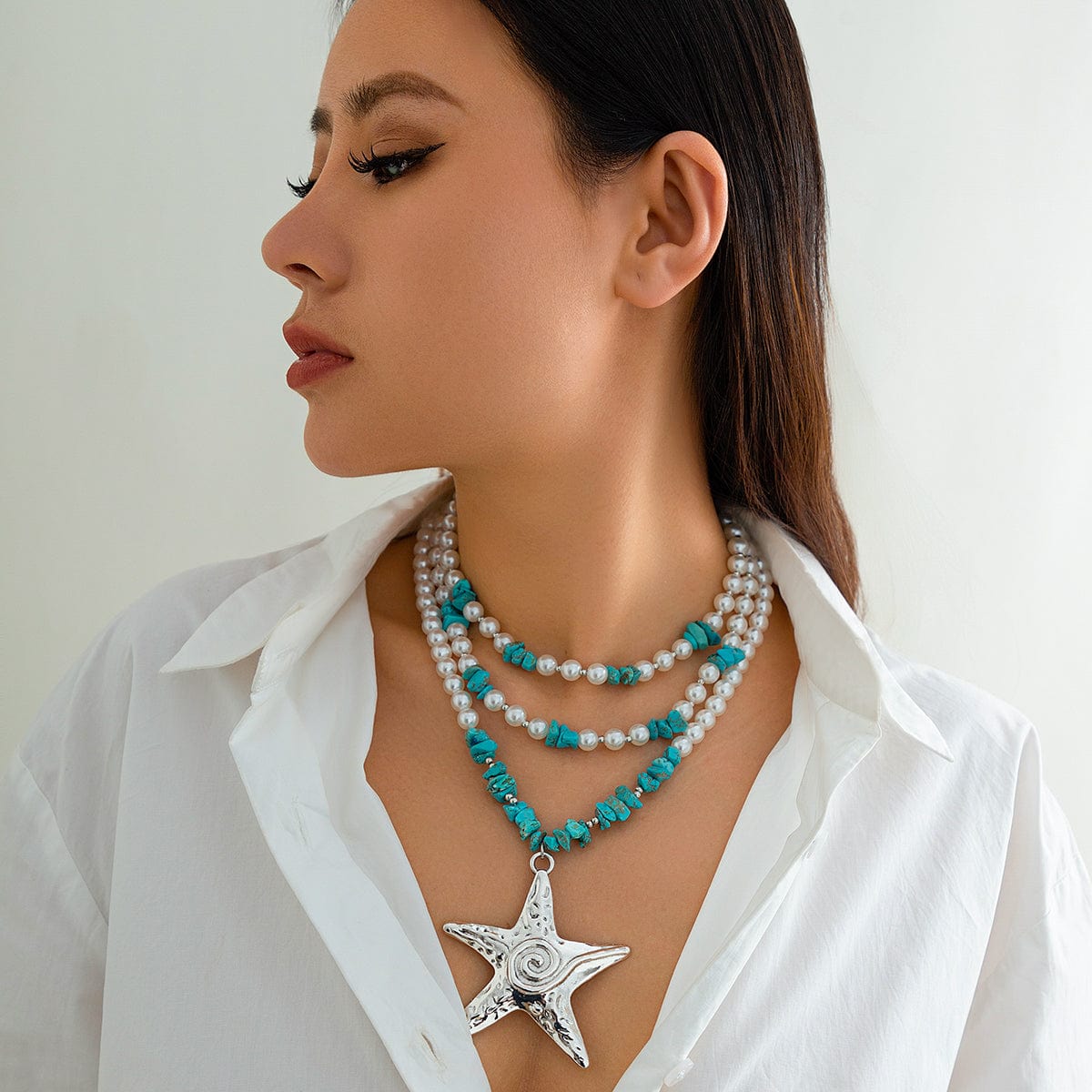 Boho Layered Textured Star Pendant Turquoise Pearl Chain Necklace