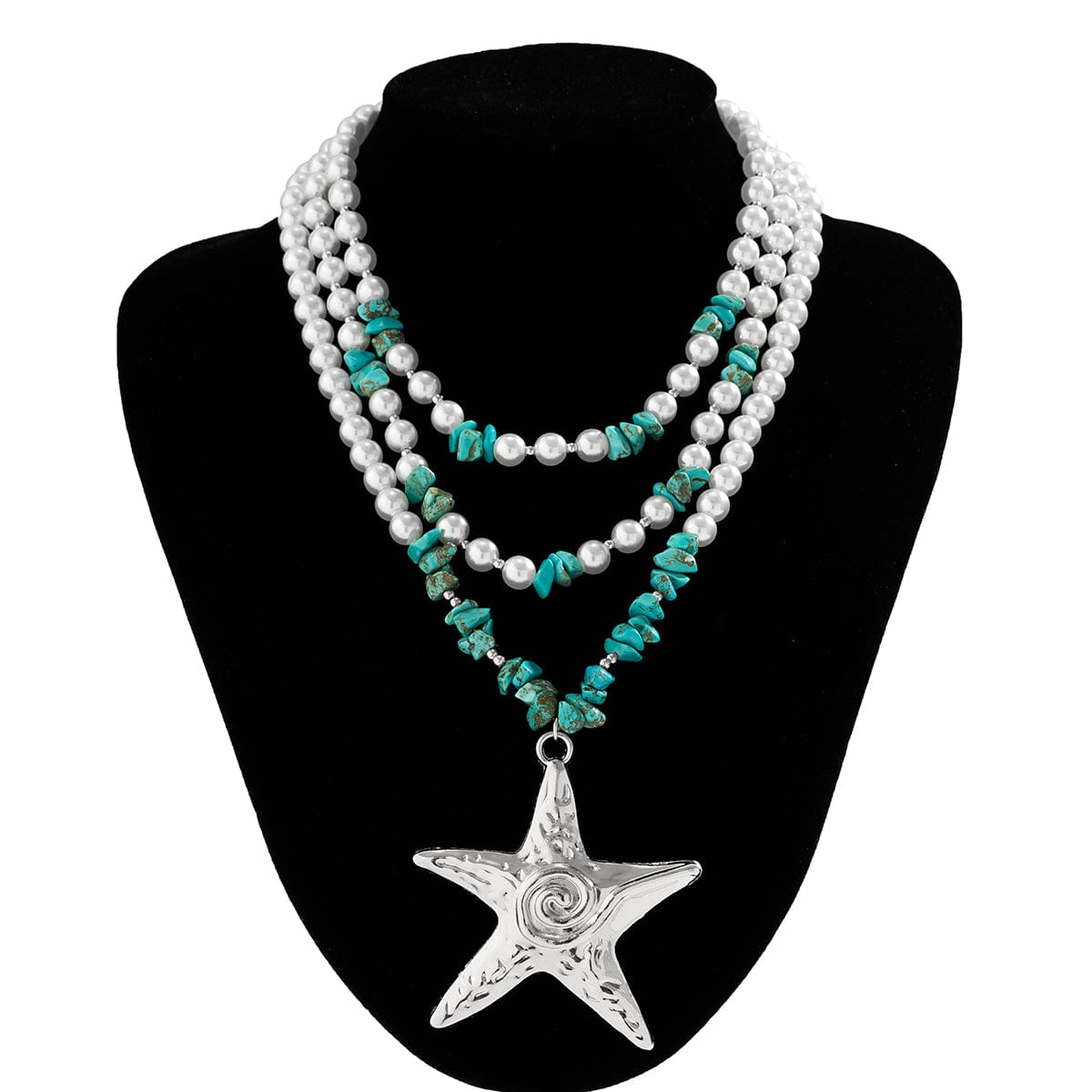 Boho Layered Textured Star Pendant Turquoise Pearl Chain Necklace