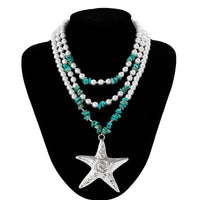 Thumbnail for Boho Layered Textured Star Pendant Turquoise Pearl Chain Necklace