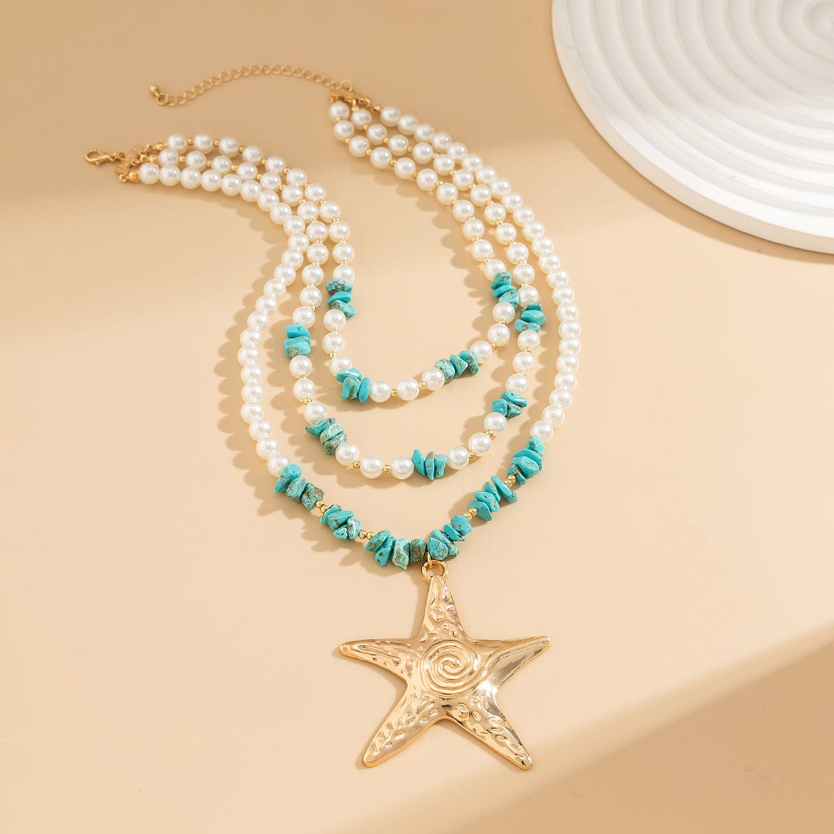 Boho Layered Textured Star Pendant Turquoise Pearl Chain Necklace