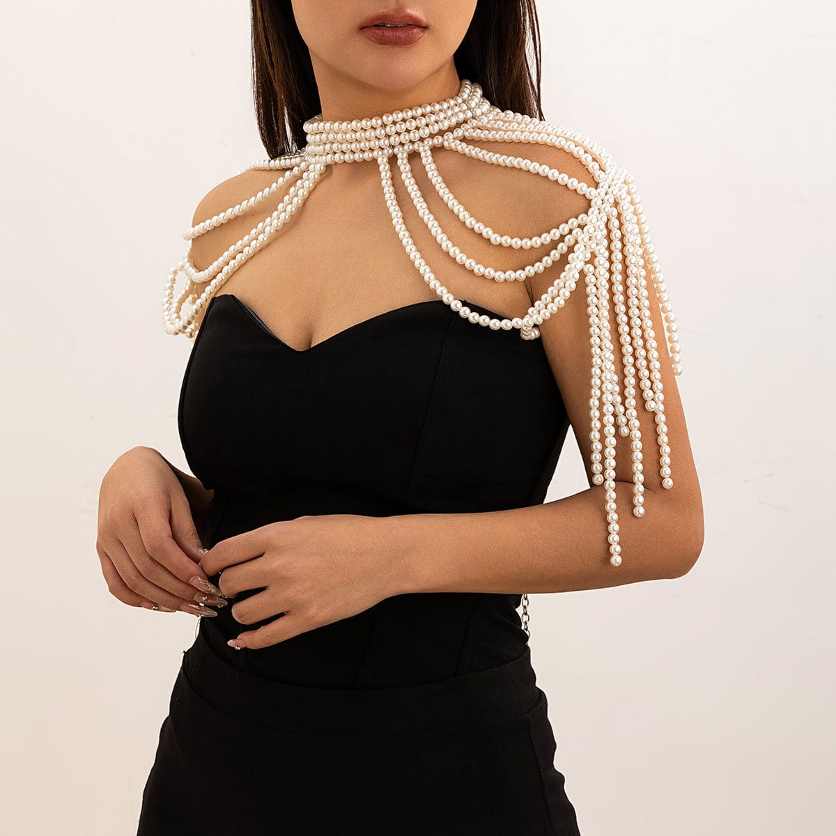 Boho Layered Three Tone Pearl Tassel Chain Shoulder Necklace