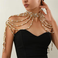 Thumbnail for Boho Layered Three Tone Pearl Tassel Chain Shoulder Necklace