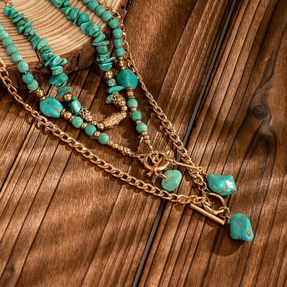 Boho Layered Toggle Clasp Turquoise Pendant Cable Chain Necklace Set - ArtGalleryZen
