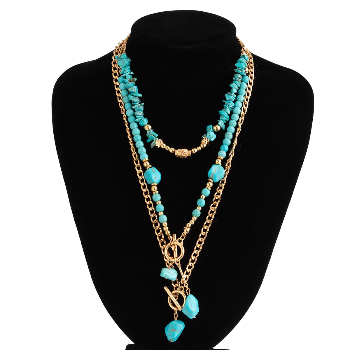 Boho Layered Toggle Clasp Turquoise Pendant Cable Chain Necklace Set - ArtGalleryZen
