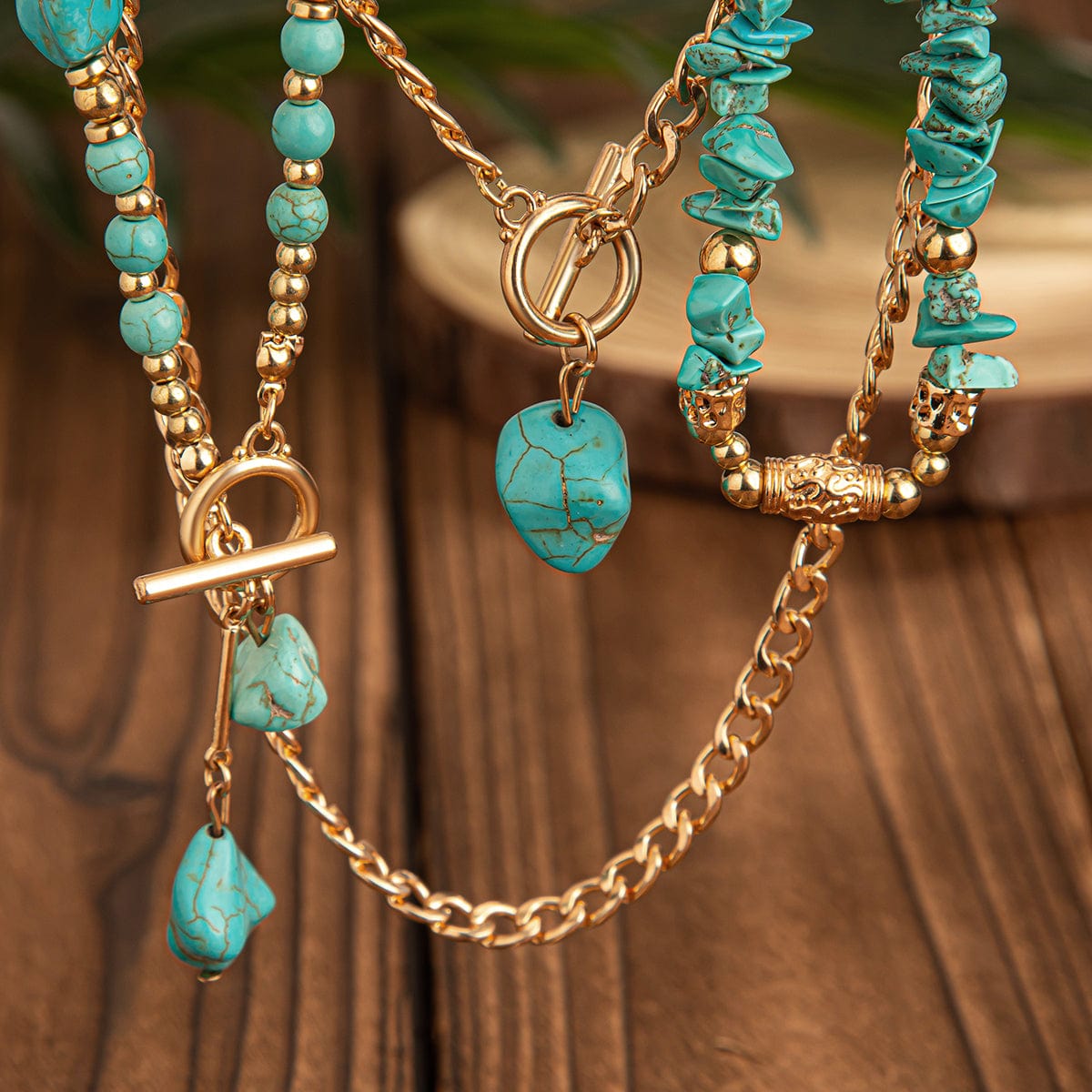 Boho Layered Toggle Clasp Turquoise Pendant Cable Chain Necklace Set - ArtGalleryZen