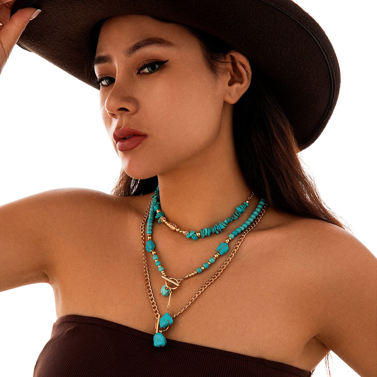 Boho Layered Toggle Clasp Turquoise Pendant Cable Chain Necklace Set