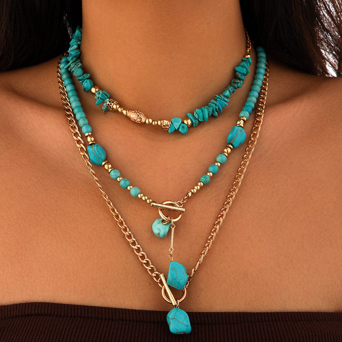 Boho Layered Toggle Clasp Turquoise Pendant Cable Chain Necklace Set