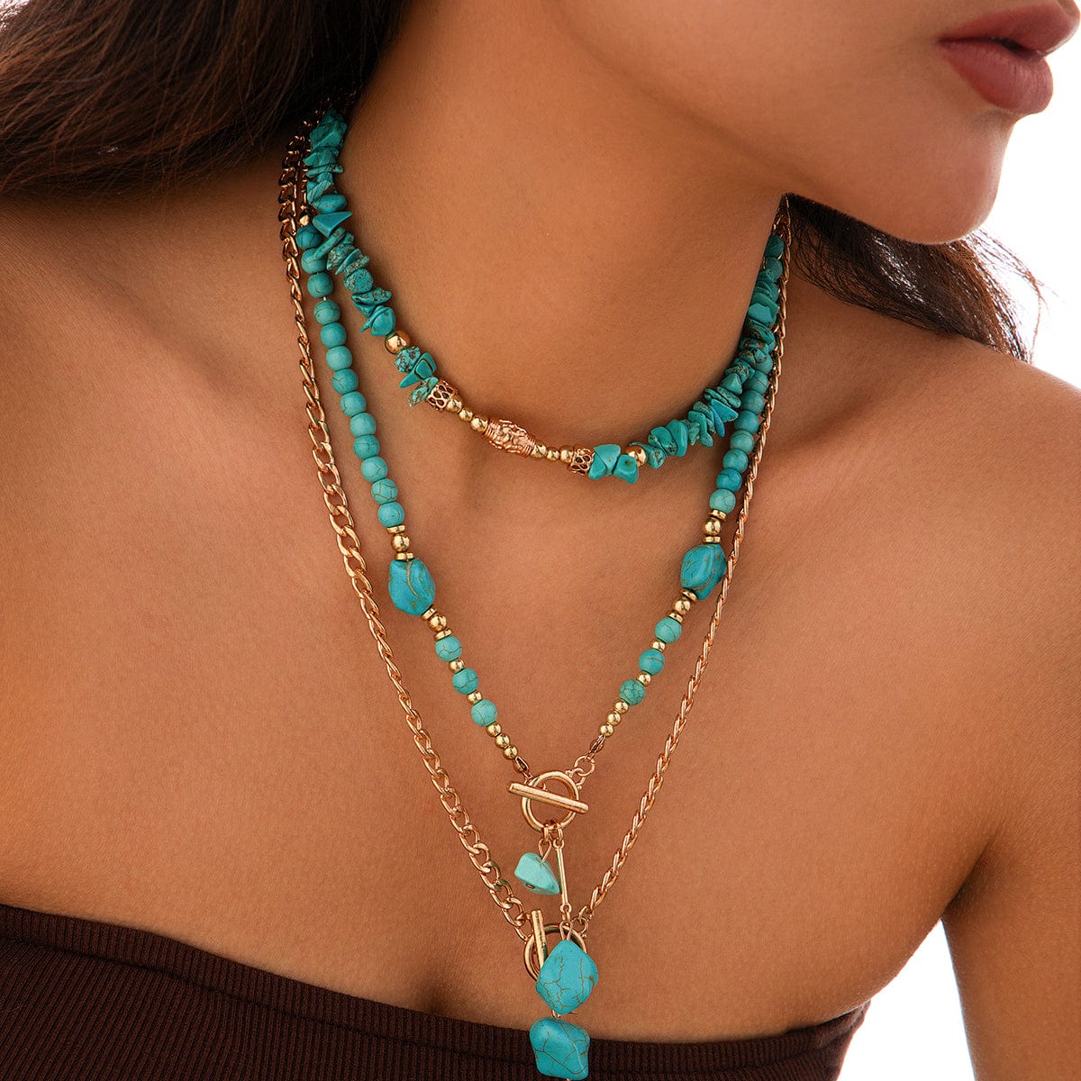 Boho Layered Toggle Clasp Turquoise Pendant Cable Chain Necklace Set