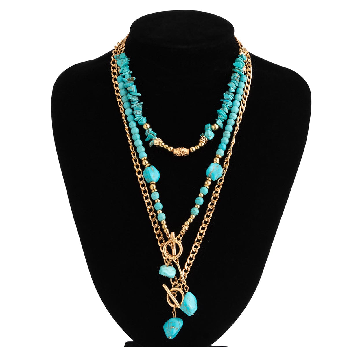 Boho Layered Toggle Clasp Turquoise Pendant Cable Chain Necklace Set