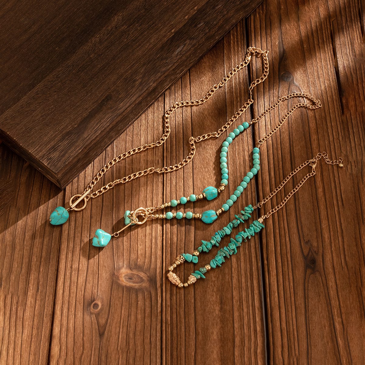 Boho Layered Toggle Clasp Turquoise Pendant Cable Chain Necklace Set