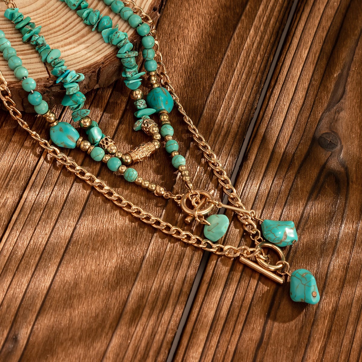 Boho Layered Toggle Clasp Turquoise Pendant Cable Chain Necklace Set