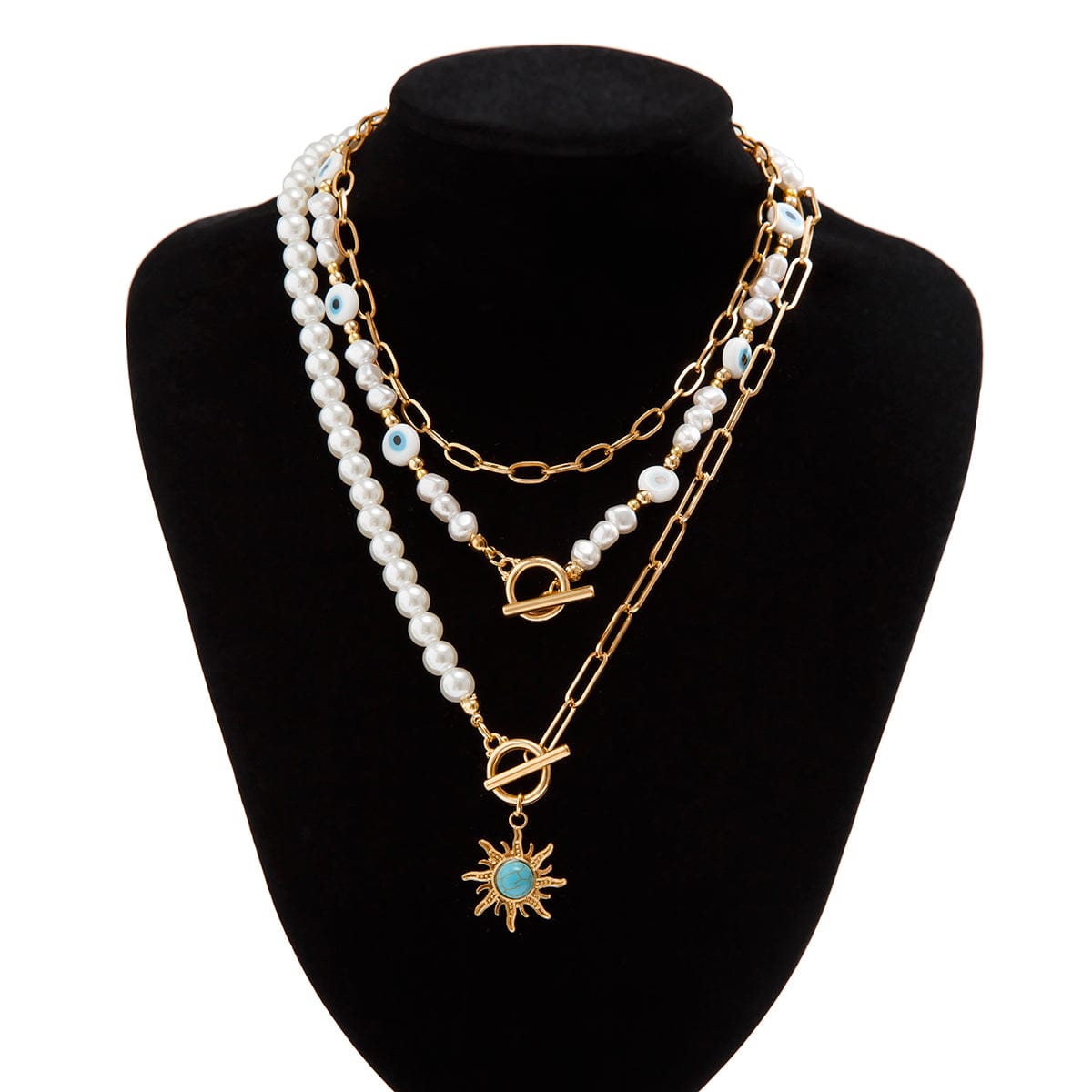 Boho Layered Toggle Clasp Turquoise Sun Pendant Evil Eye Pearl Chain Necklace Set - ArtGalleryZen