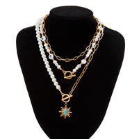 Thumbnail for Boho Layered Toggle Clasp Turquoise Sun Pendant Evil Eye Pearl Chain Necklace Set - ArtGalleryZen