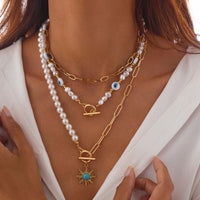 Thumbnail for Boho Layered Toggle Clasp Turquoise Sun Pendant Evil Eye Pearl Chain Necklace Set - ArtGalleryZen