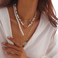 Thumbnail for Boho Layered Toggle Clasp Turquoise Sun Pendant Evil Eye Pearl Chain Necklace Set - ArtGalleryZen