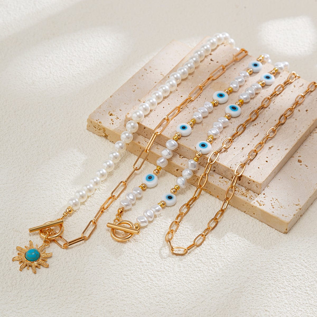Boho Layered Toggle Clasp Turquoise Sun Pendant Evil Eye Pearl Chain Necklace Set - ArtGalleryZen