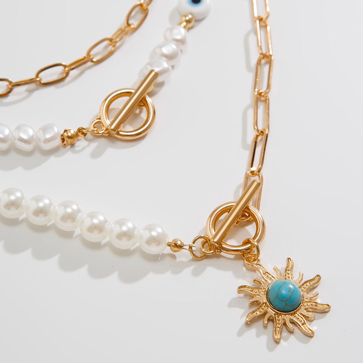 Boho Layered Toggle Clasp Turquoise Sun Pendant Evil Eye Pearl Chain Necklace Set - ArtGalleryZen