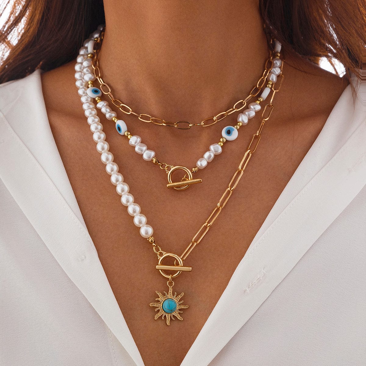 Boho Layered Toggle Clasp Turquoise Sun Pendant Evil Eye Pearl Chain Necklace Set