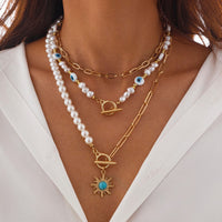 Thumbnail for Boho Layered Toggle Clasp Turquoise Sun Pendant Evil Eye Pearl Chain Necklace Set