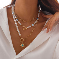 Thumbnail for Boho Layered Toggle Clasp Turquoise Sun Pendant Evil Eye Pearl Chain Necklace Set