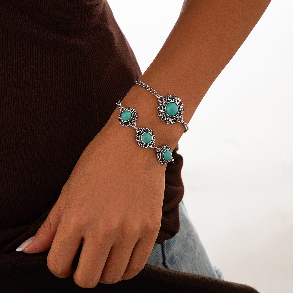 Boho Layered Turquoise Inlaid Flower Charm Bracelet Set