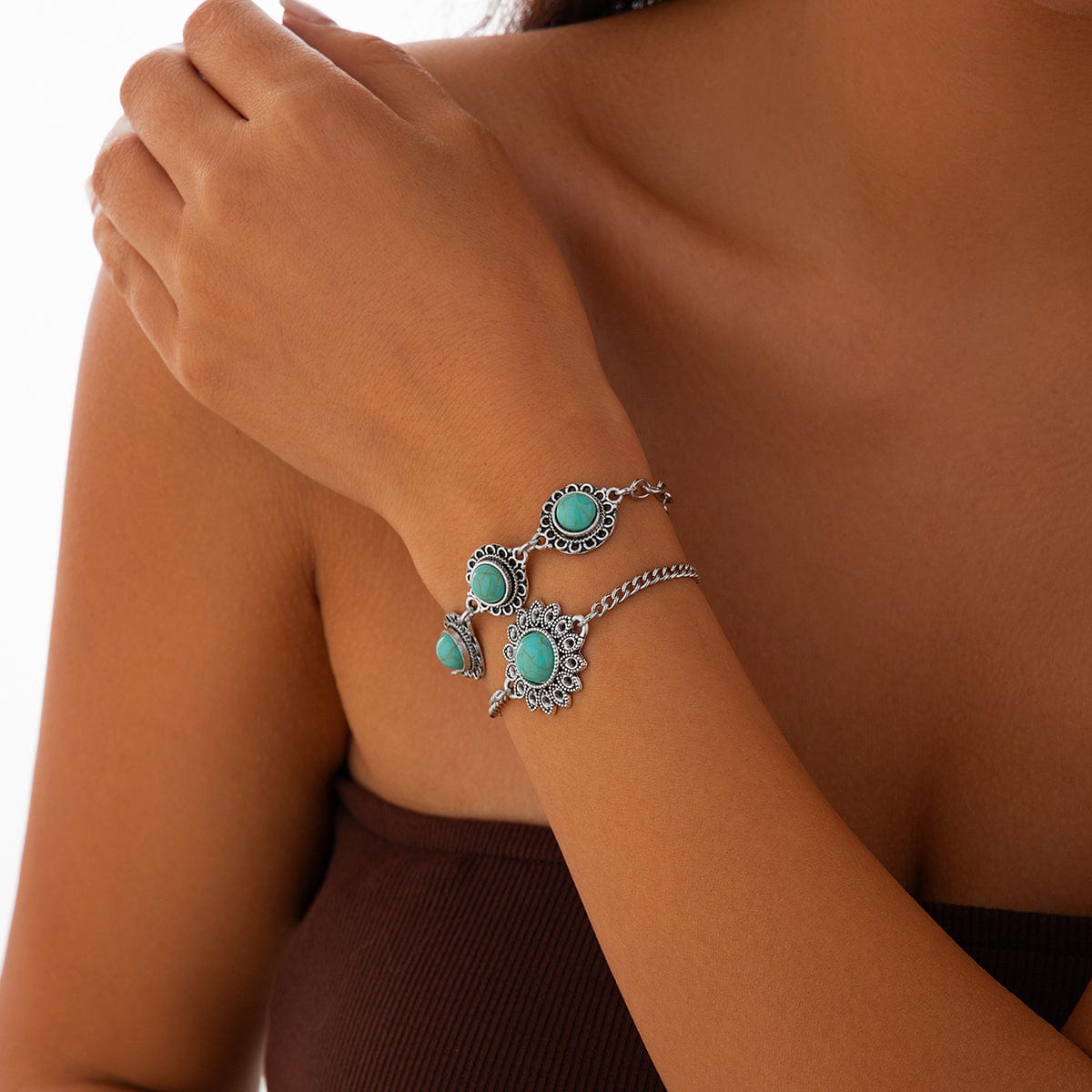 Boho Layered Turquoise Inlaid Flower Charm Bracelet Set